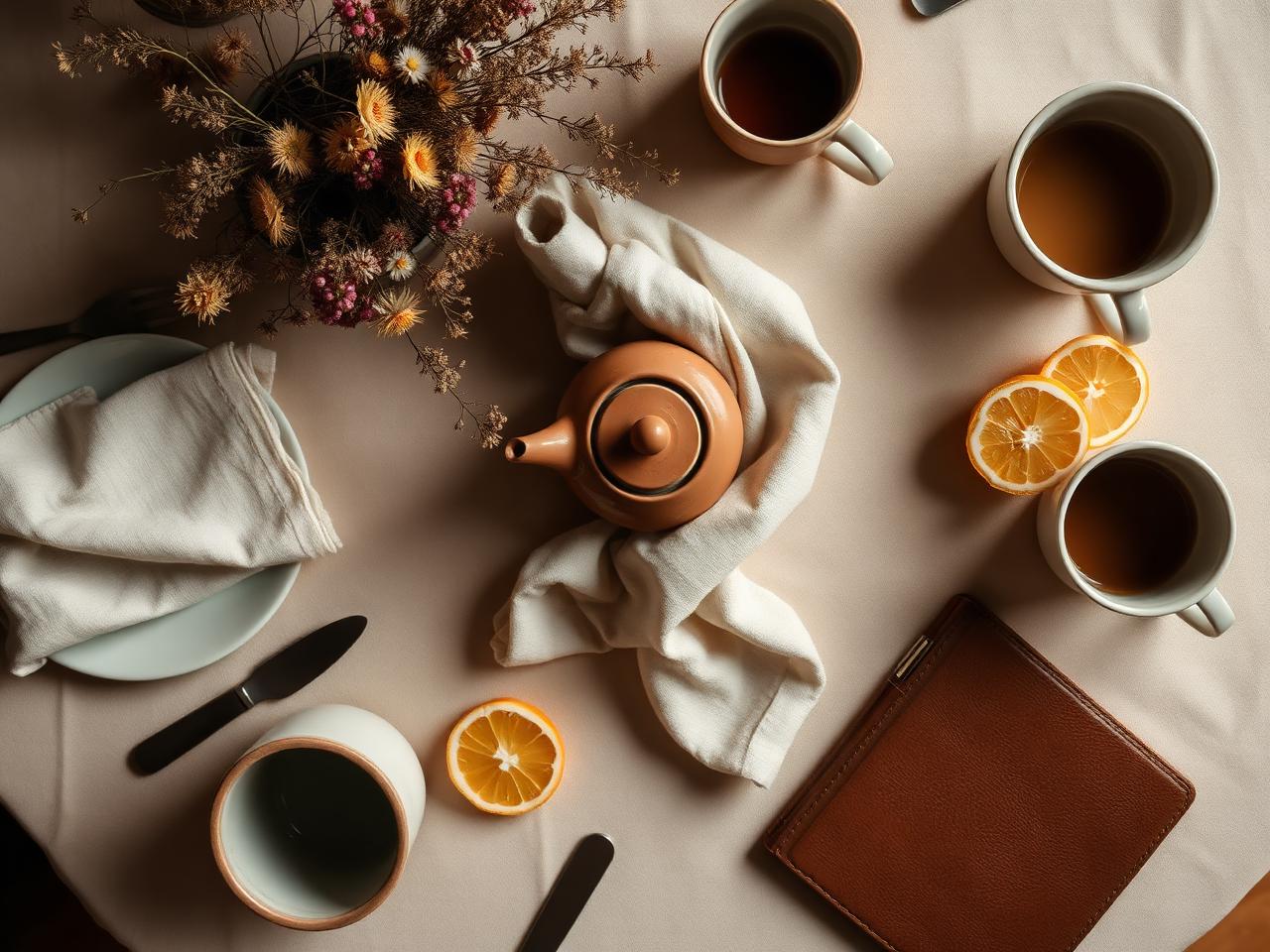 Overhead view of a communal tea table with handmade ceramics, dried flowers, and a journal