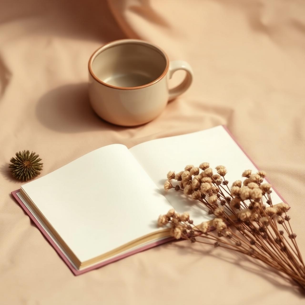 Open journal with dried flowers and a ceramic mug in warm light